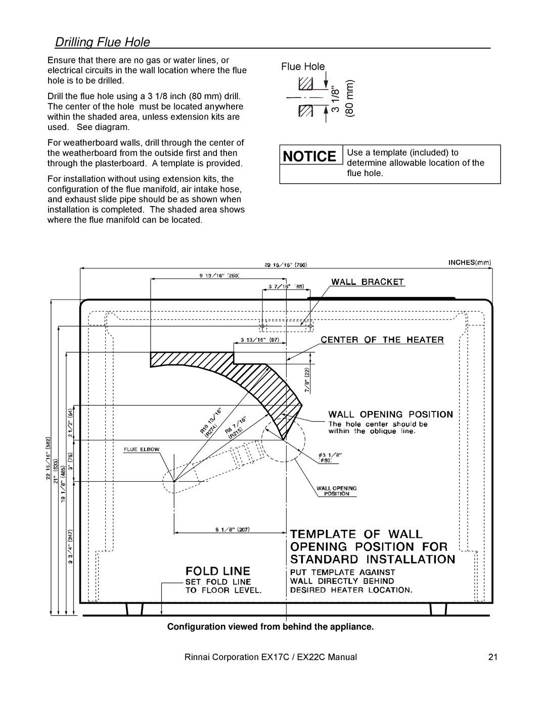 Rinnai EX22C, EX17C installation manual Drilling Flue Hole, Configuration viewed from behind the appliance 