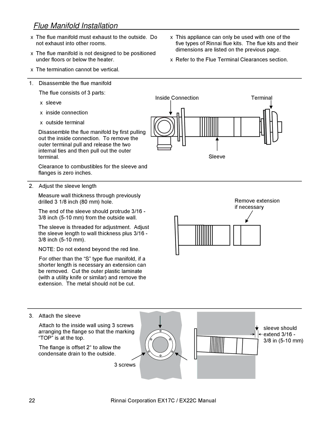 Rinnai EX17C, EX22C installation manual Flue Manifold Installation 