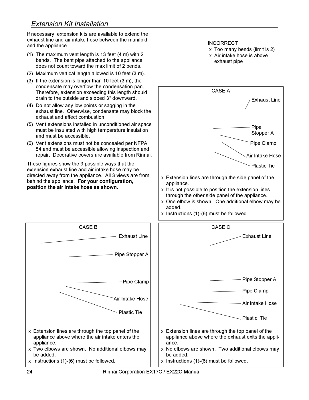 Rinnai EX17C, EX22C installation manual Extension Kit Installation, Incorrect 