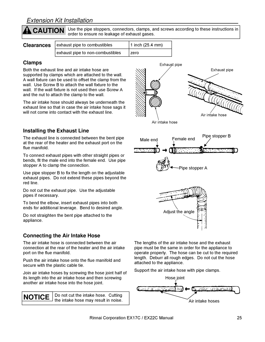 Rinnai EX22C, EX17C installation manual Clearances, Clamps, Installing the Exhaust Line, Connecting the Air Intake Hose 