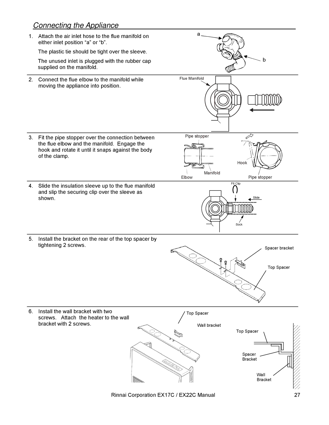 Rinnai EX22C, EX17C installation manual Connecting the Appliance, Slip the securing clip over the sleeve as Shown 