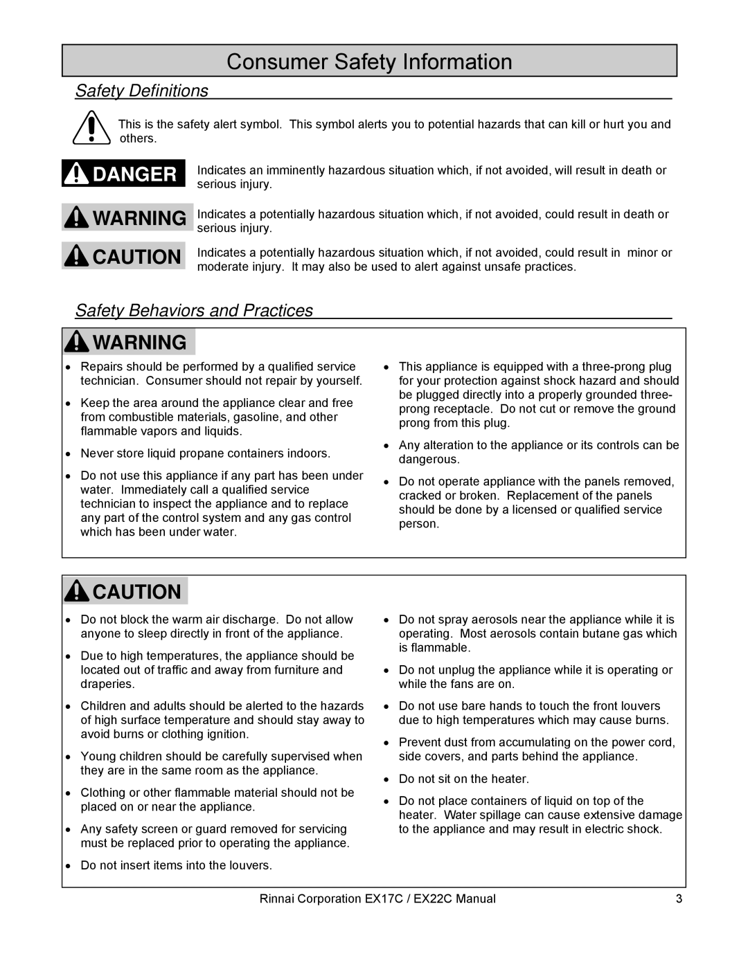 Rinnai EX22C, EX17C installation manual Consumer Safety Information, Safety Definitions, Safety Behaviors and Practices 