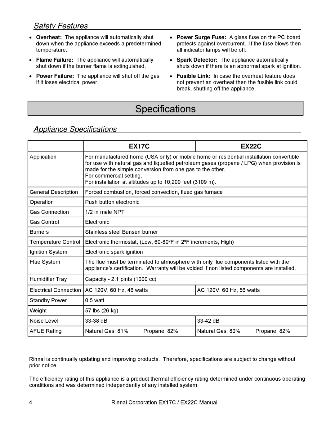 Rinnai EX17C, EX22C installation manual Safety Features, Appliance Specifications 