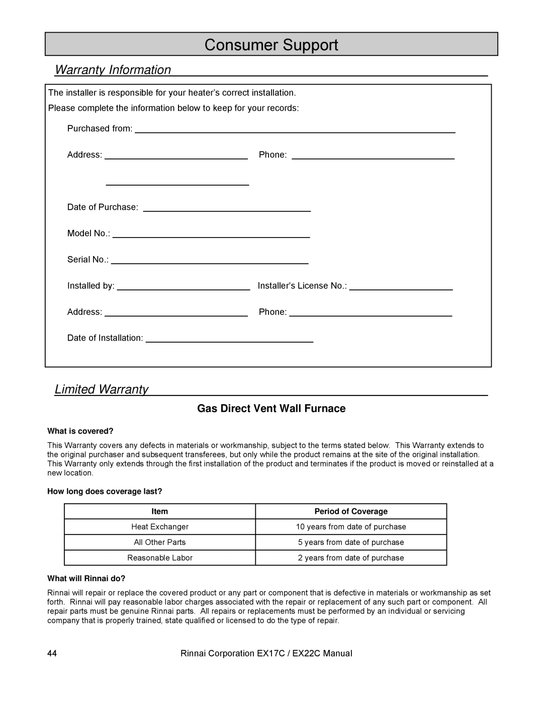 Rinnai EX17C, EX22C Consumer Support, Warranty Information, Limited Warranty, Gas Direct Vent Wall Furnace 