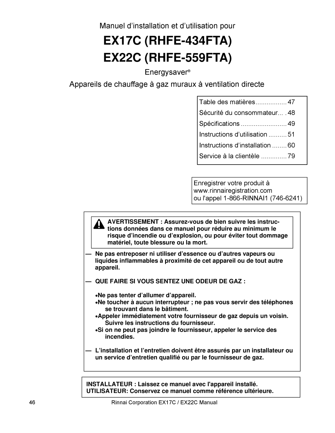 Rinnai installation manual EX17C RHFE-434FTA EX22C RHFE-559FTA 