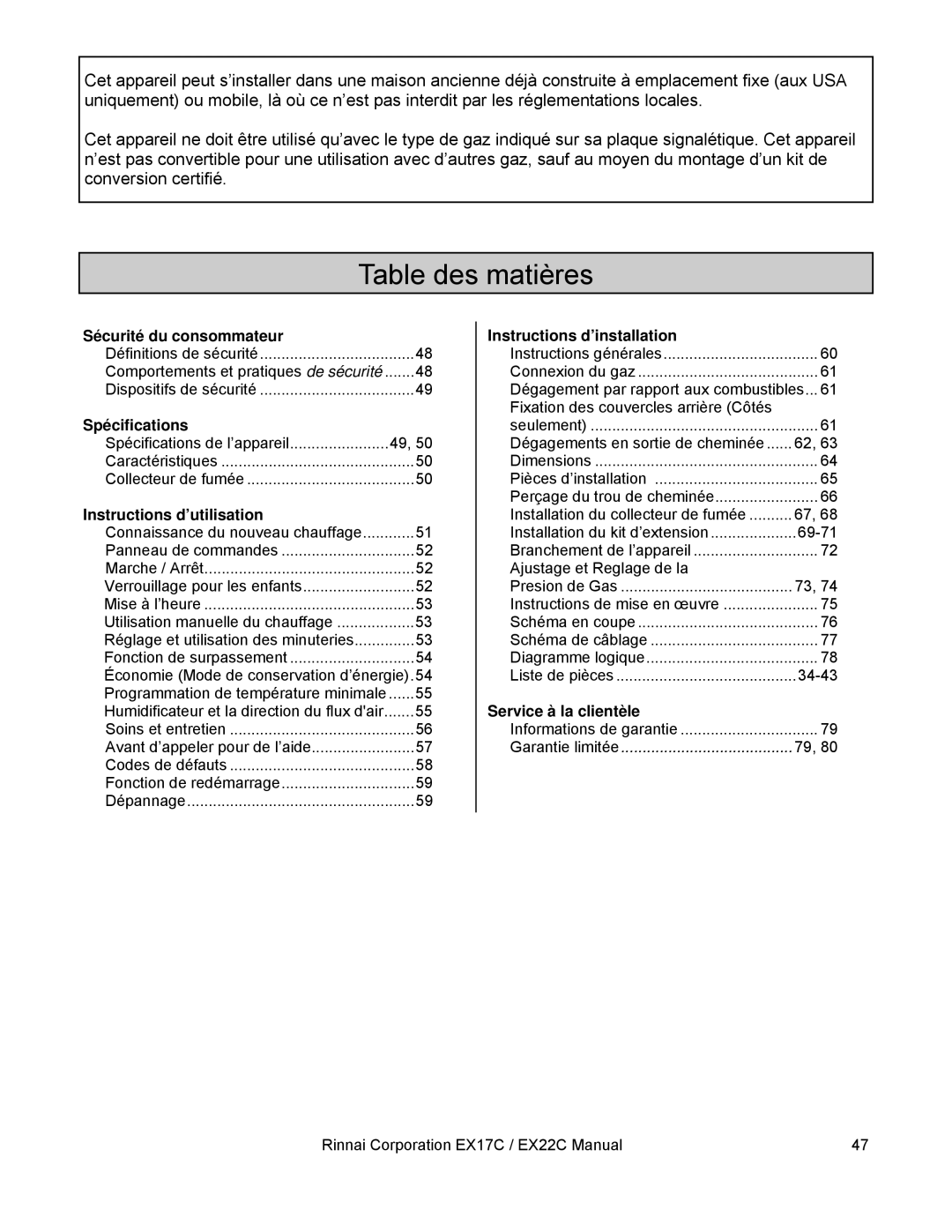 Rinnai EX22C, EX17C installation manual Table des matières 