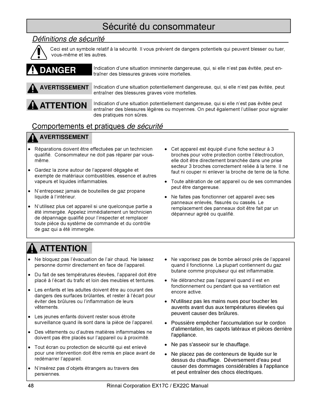 Rinnai EX17C, EX22C installation manual Sécurité du consommateur, Définitions de sécurité 
