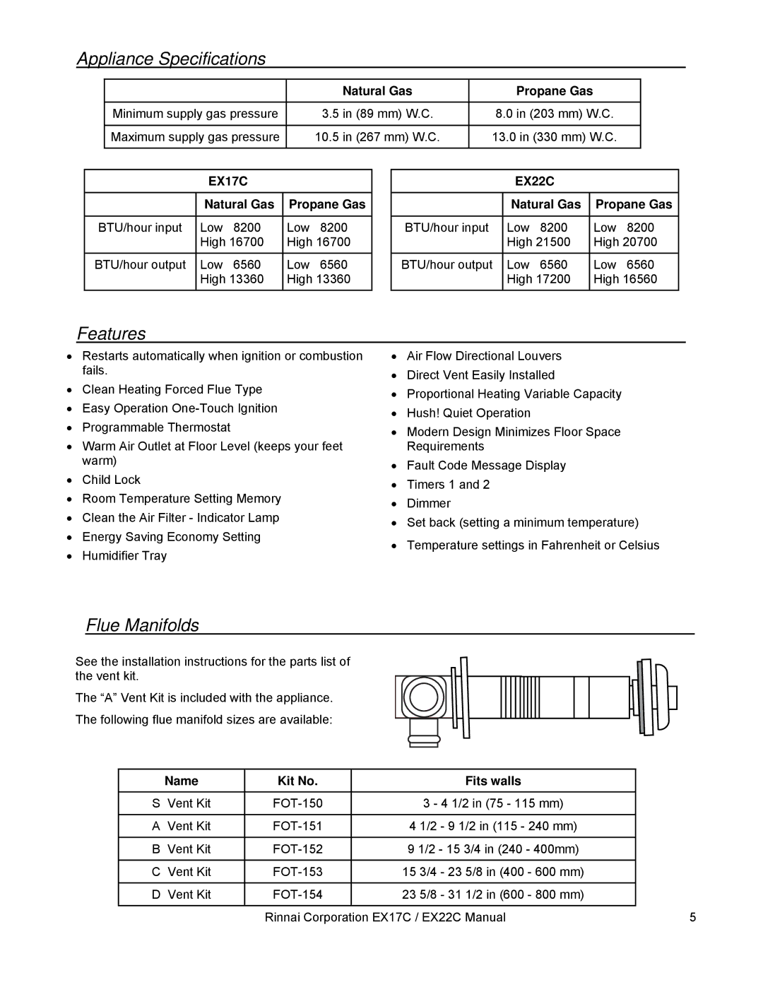 Rinnai EX22C, EX17C installation manual Features, Flue Manifolds, Natural Gas Propane Gas, Name Kit No Fits walls 