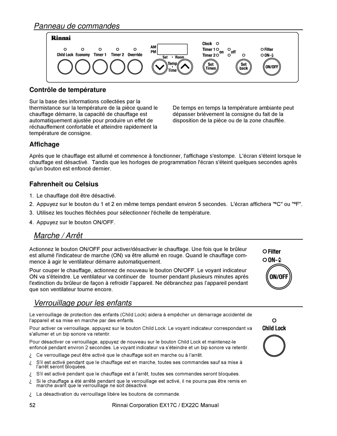 Rinnai EX17C, EX22C installation manual Panneau de commandes, Marche / Arrêt, Verrouillage pour les enfants 