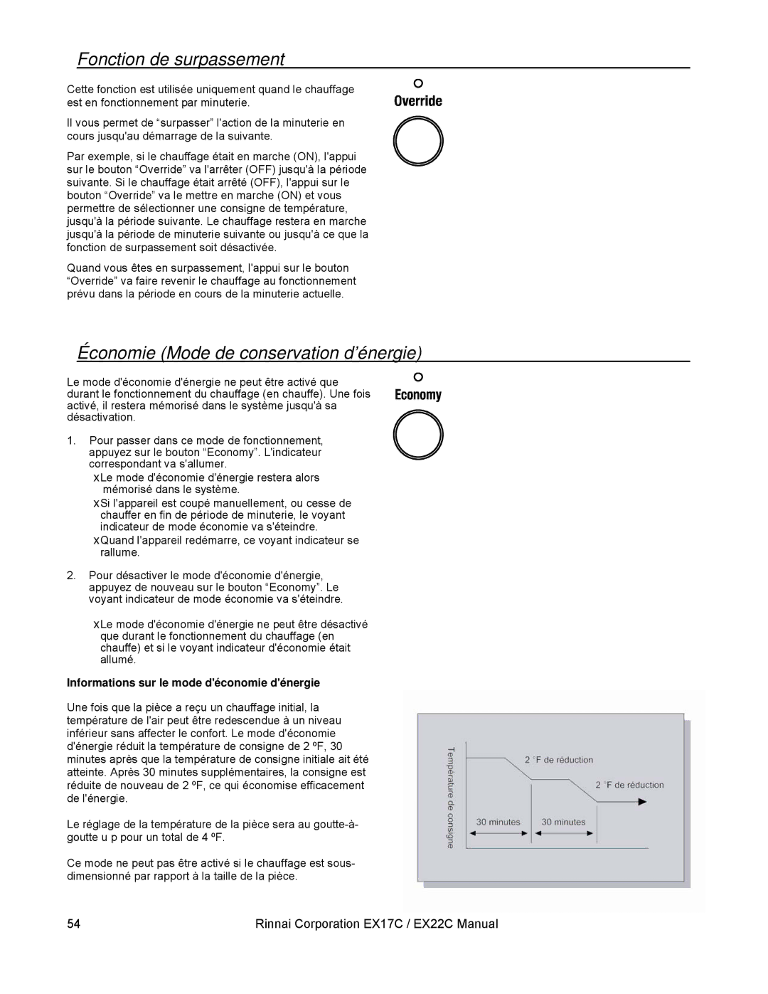 Rinnai EX17C, EX22C installation manual Fonction de surpassement, Économie Mode de conservation d’énergie 