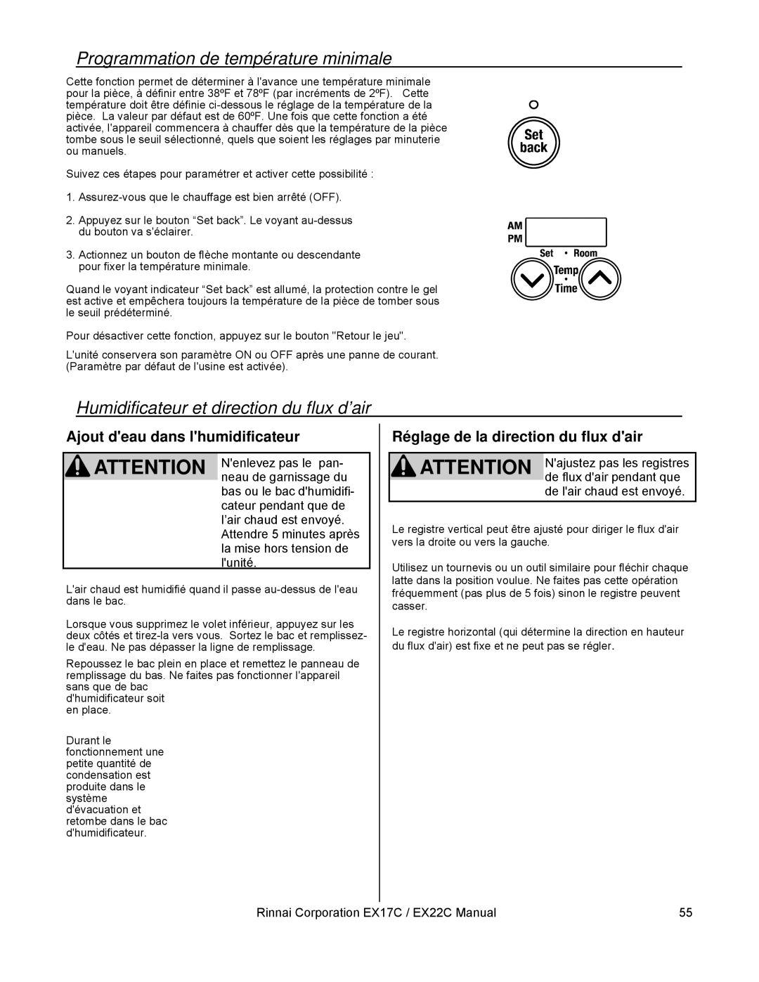 Rinnai EX22C, EX17C installation manual Programmation de température minimale, Humidificateur et direction du flux d’air 