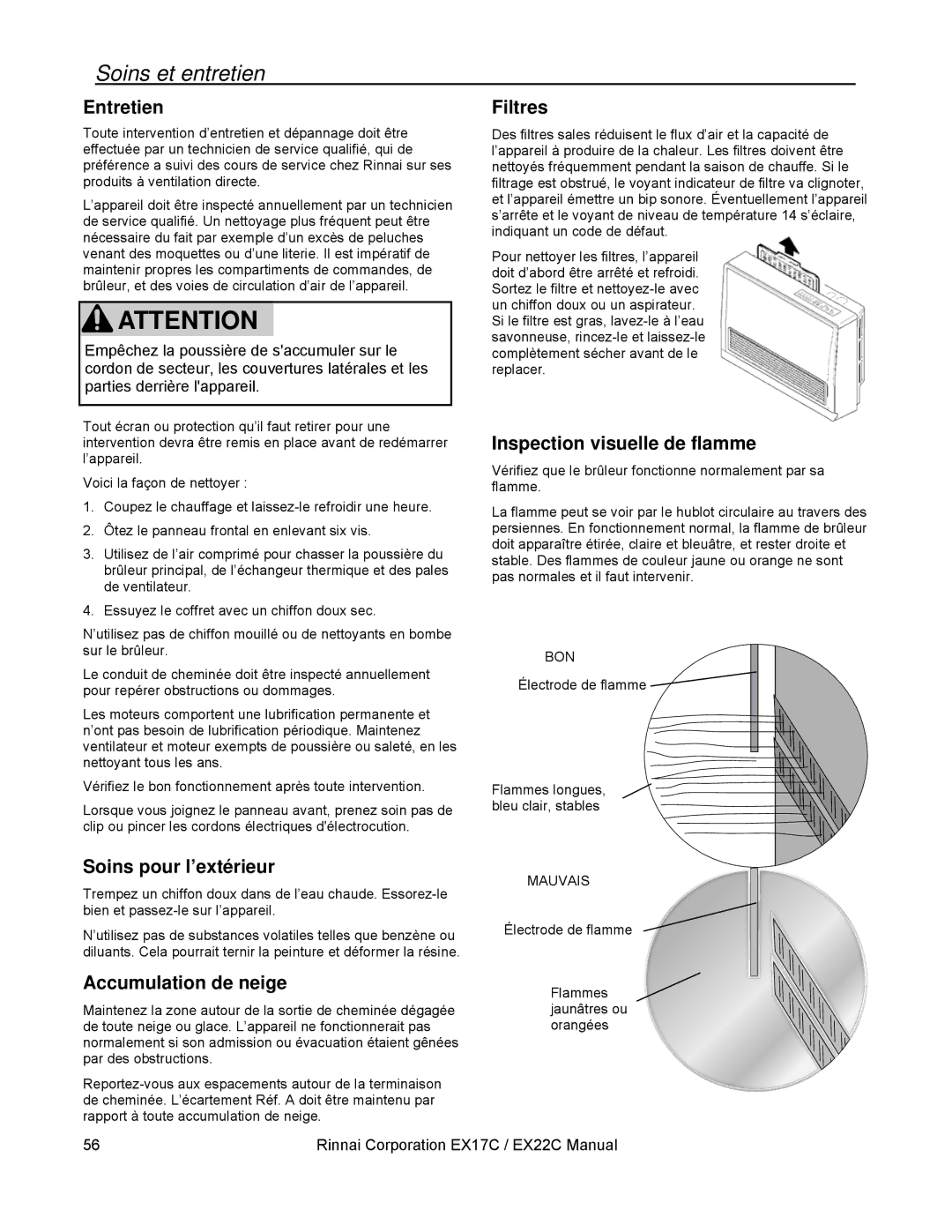 Rinnai EX17C, EX22C installation manual Soins et entretien 