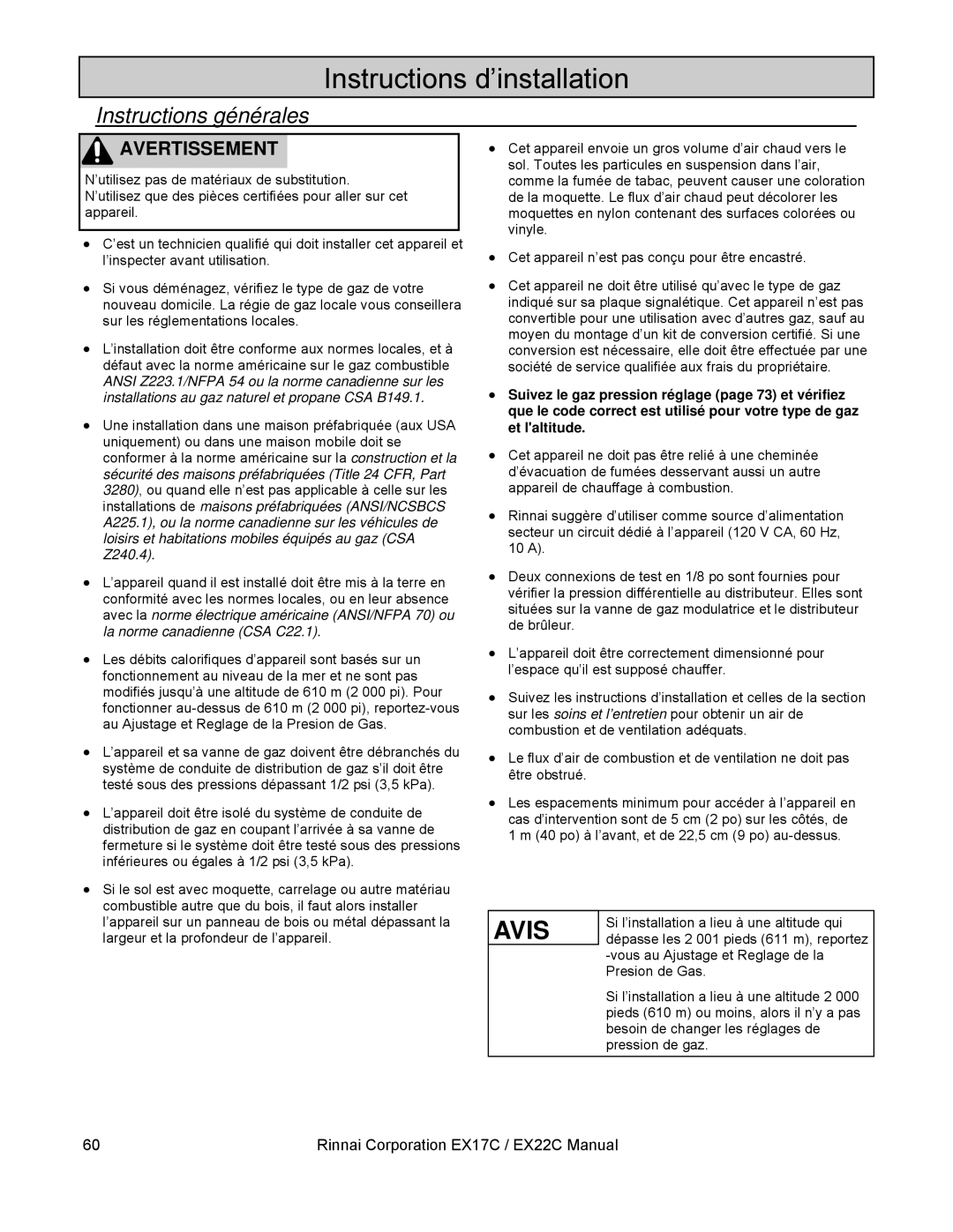 Rinnai EX17C, EX22C installation manual Instructions d’installation, Instructions générales 