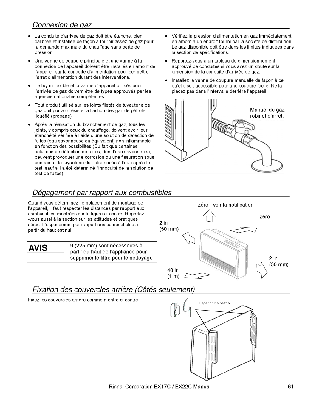 Rinnai EX22C Connexion de gaz, Dégagement par rapport aux combustibles, Fixation des couvercles arrière Côtés seulement 