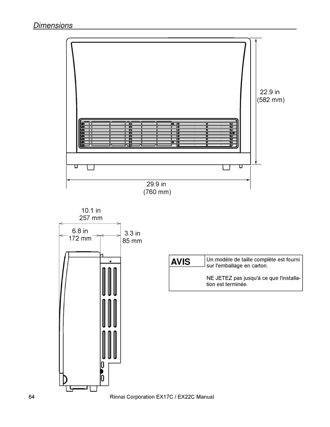 Rinnai EX17C, EX22C installation manual Dimensions 