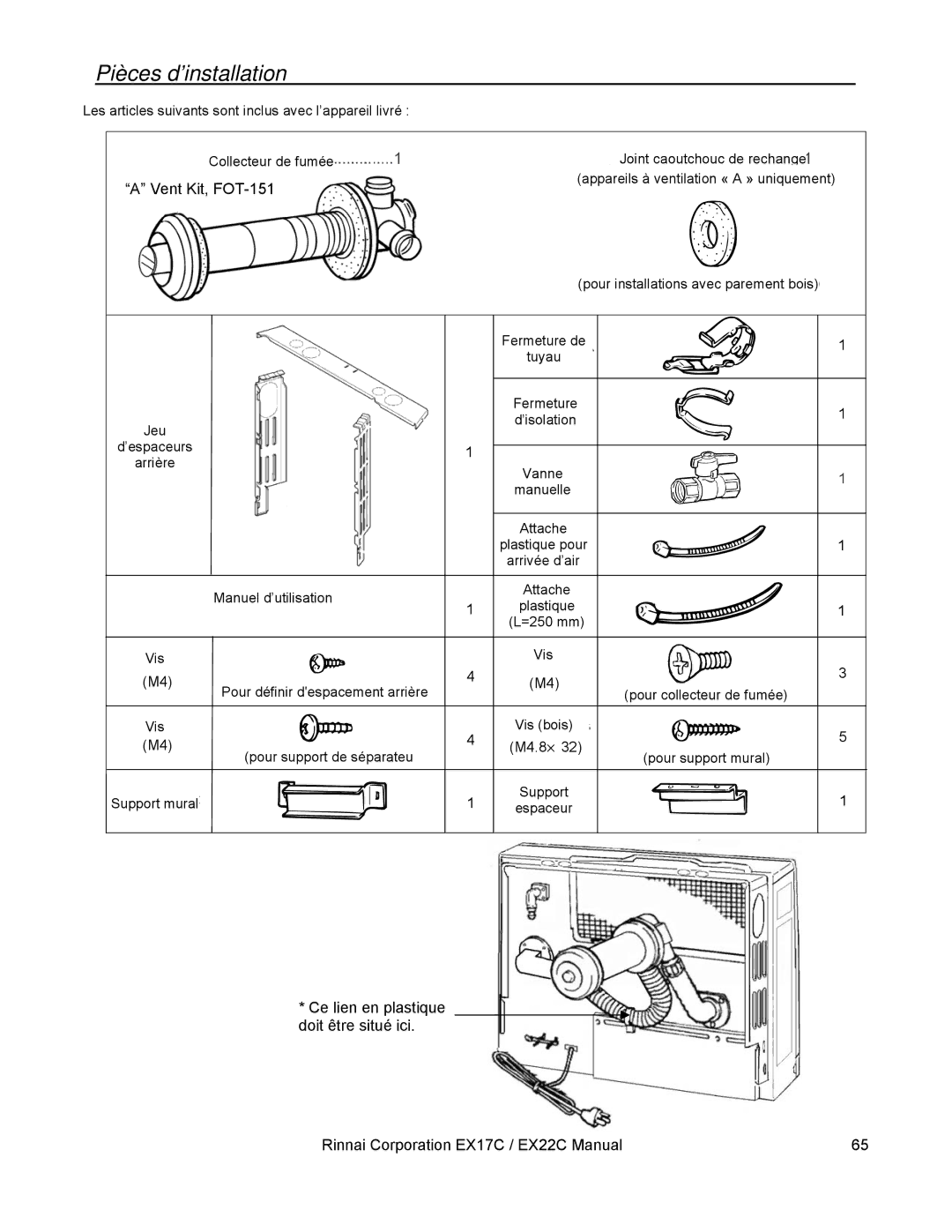 Rinnai EX22C, EX17C installation manual Pièces d’installation, AVent VentKit, Kit,FOT FOT-151 