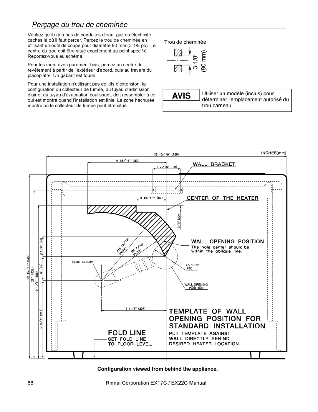 Rinnai EX17C, EX22C installation manual Perçage du trou de cheminée, Configuration viewed from behind the appliance 