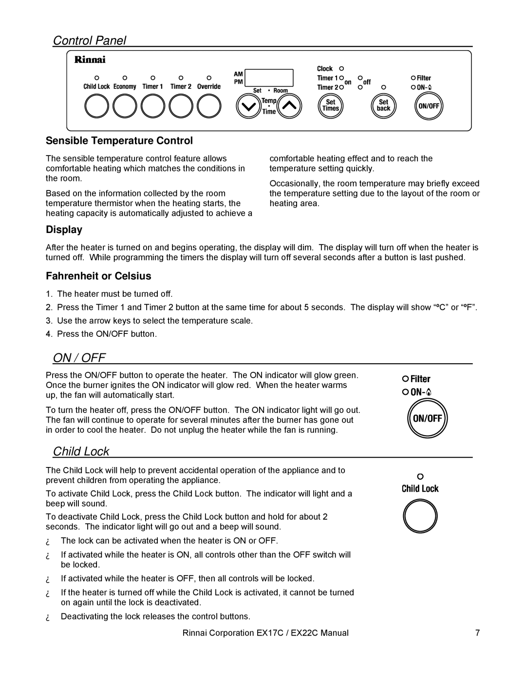 Rinnai EX22C, EX17C Control Panel, Child Lock, Sensible Temperature Control, Display, Fahrenheit or Celsius 