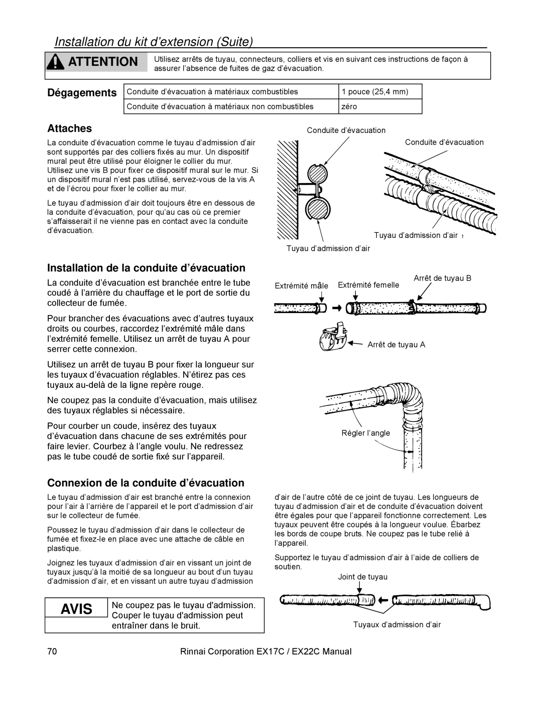 Rinnai EX17C, EX22C Installation du kit d’extension Suite, Dégagements Attaches, Installation de la conduite d’évacuation 