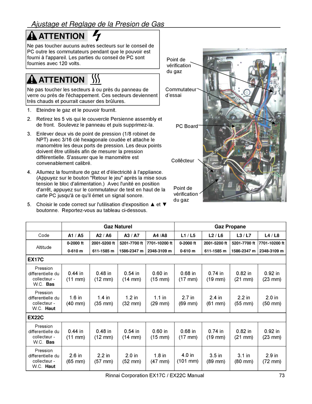Rinnai EX22C, EX17C installation manual Ajustage et Reglage de la Presion de Gas, Gaz Naturel Gaz Propane 