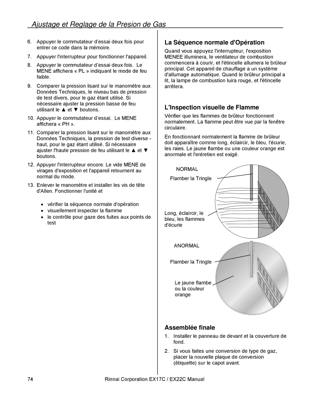 Rinnai EX17C, EX22C installation manual La Séquence normale dOpération, LInspection visuelle de Flamme, Assemblée finale 