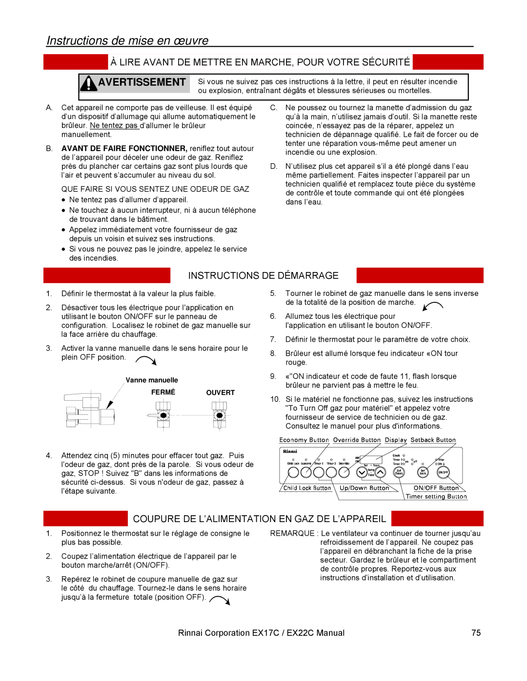 Rinnai EX22C, EX17C installation manual Instructions de mise en œuvre, Lire Avant DE Mettre EN MARCHE, Pour Votre Sécurité 