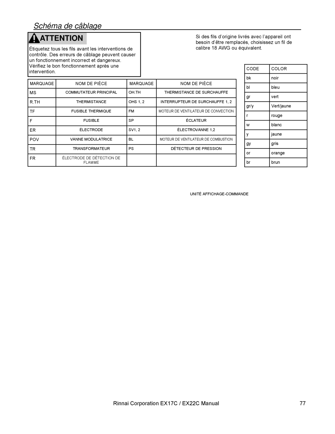 Rinnai EX22C, EX17C installation manual Schéma de câblage, Calibre 18 AWG ou équivalent 