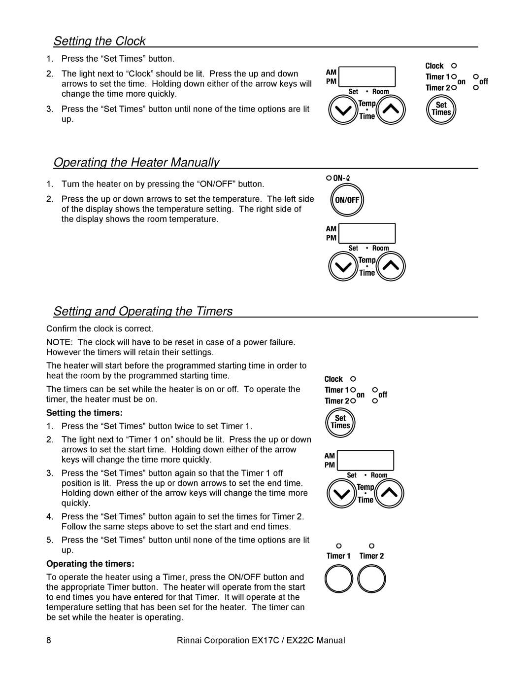 Rinnai EX17C, EX22C Setting the Clock, Operating the Heater Manually, Setting and Operating the Timers, Setting the timers 