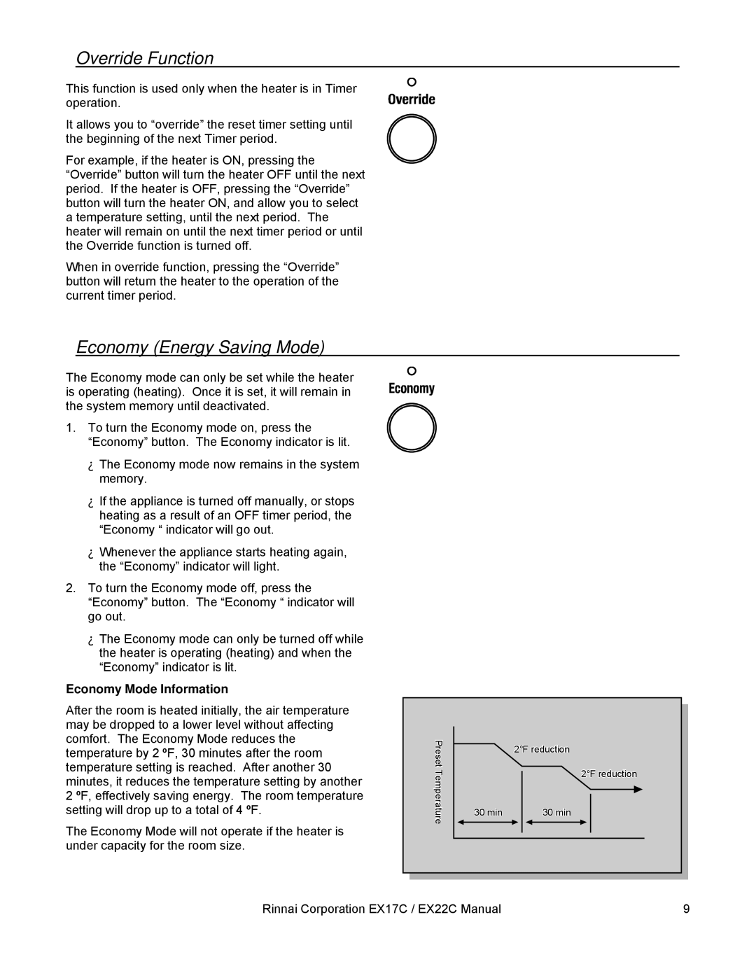 Rinnai EX22C, EX17C installation manual Override Function, Economy Energy Saving Mode, Economy Mode Information 