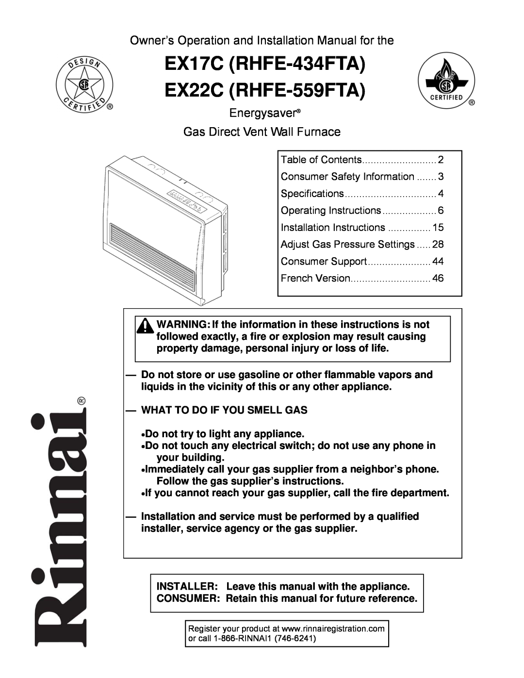 Rinnai installation manual EX17C RHFE-434FTA, EX22C RHFE-559FTA, Owner’s Operation and Installation Manual for the 