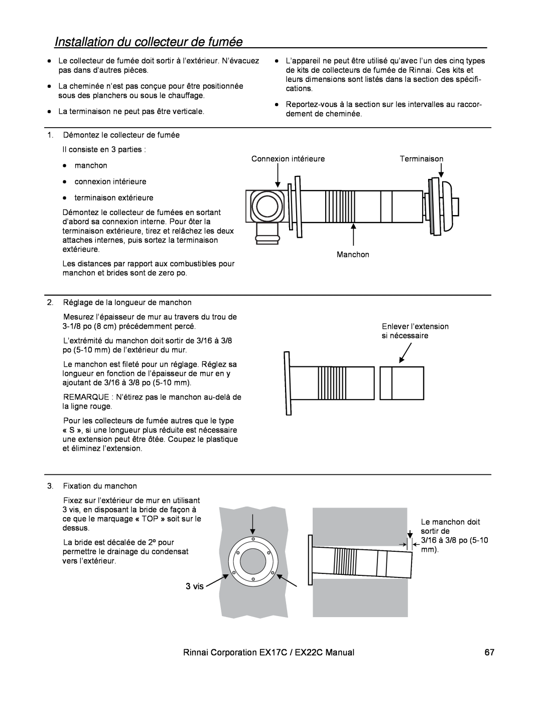 Rinnai installation manual Installation du collecteur de fumée, 3 vis, Rinnai Corporation EX17C / EX22C Manual 
