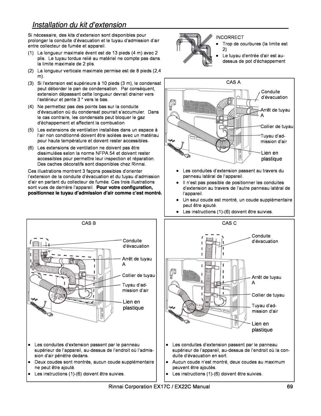 Rinnai installation manual Installation du kit d’extension, Lien en plastique, Rinnai Corporation EX17C / EX22C Manual 