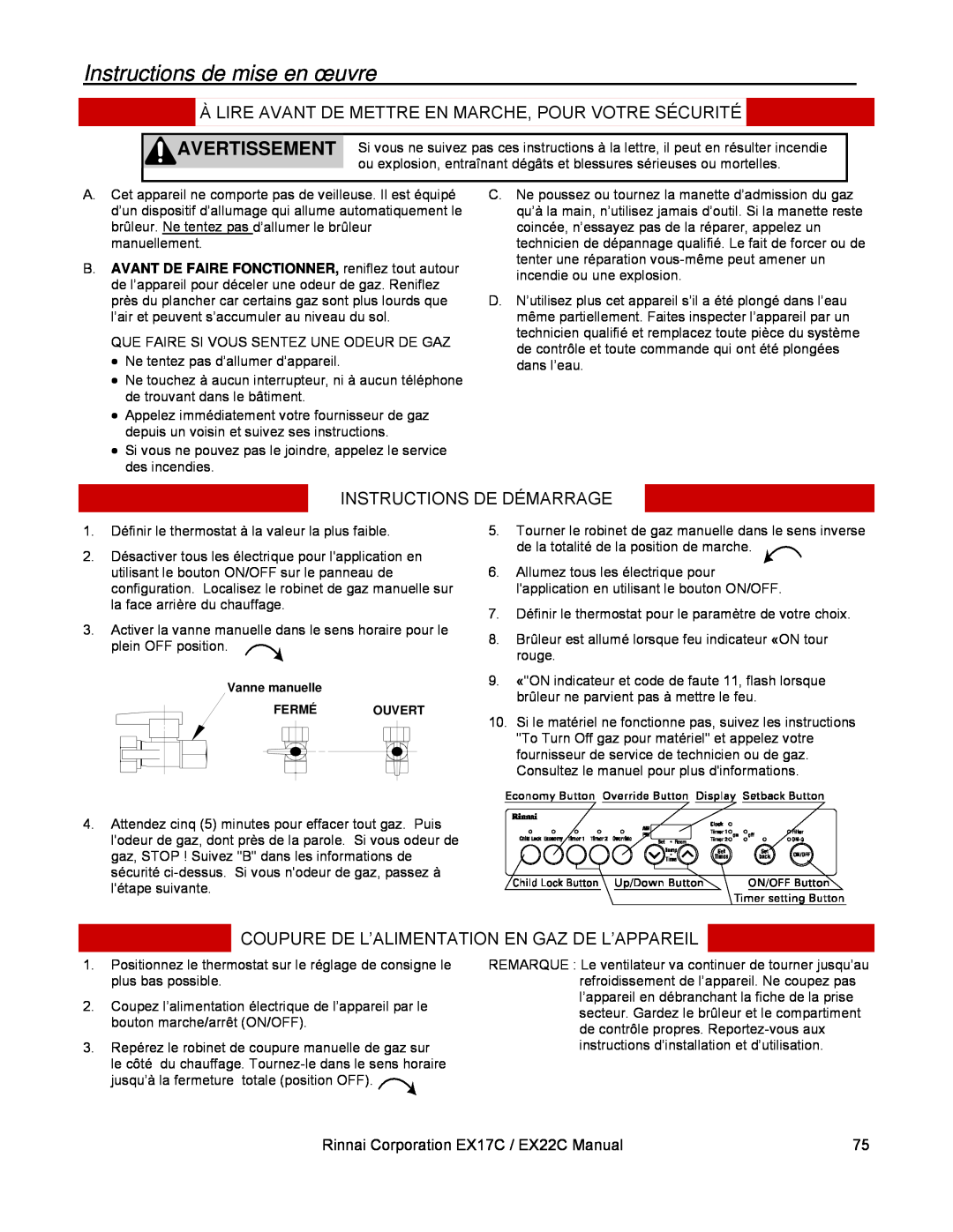 Rinnai EX22C Instructions de mise en œuvre, Instructions De Démarrage, Coupure De L’Alimentation En Gaz De L’Appareil 
