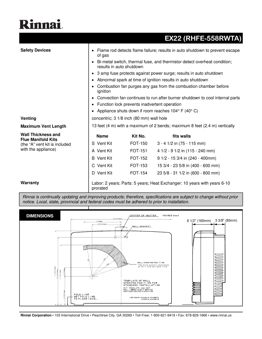 Rinnai EX22 manual Warranty, Kit No Fits walls, Dimensions 