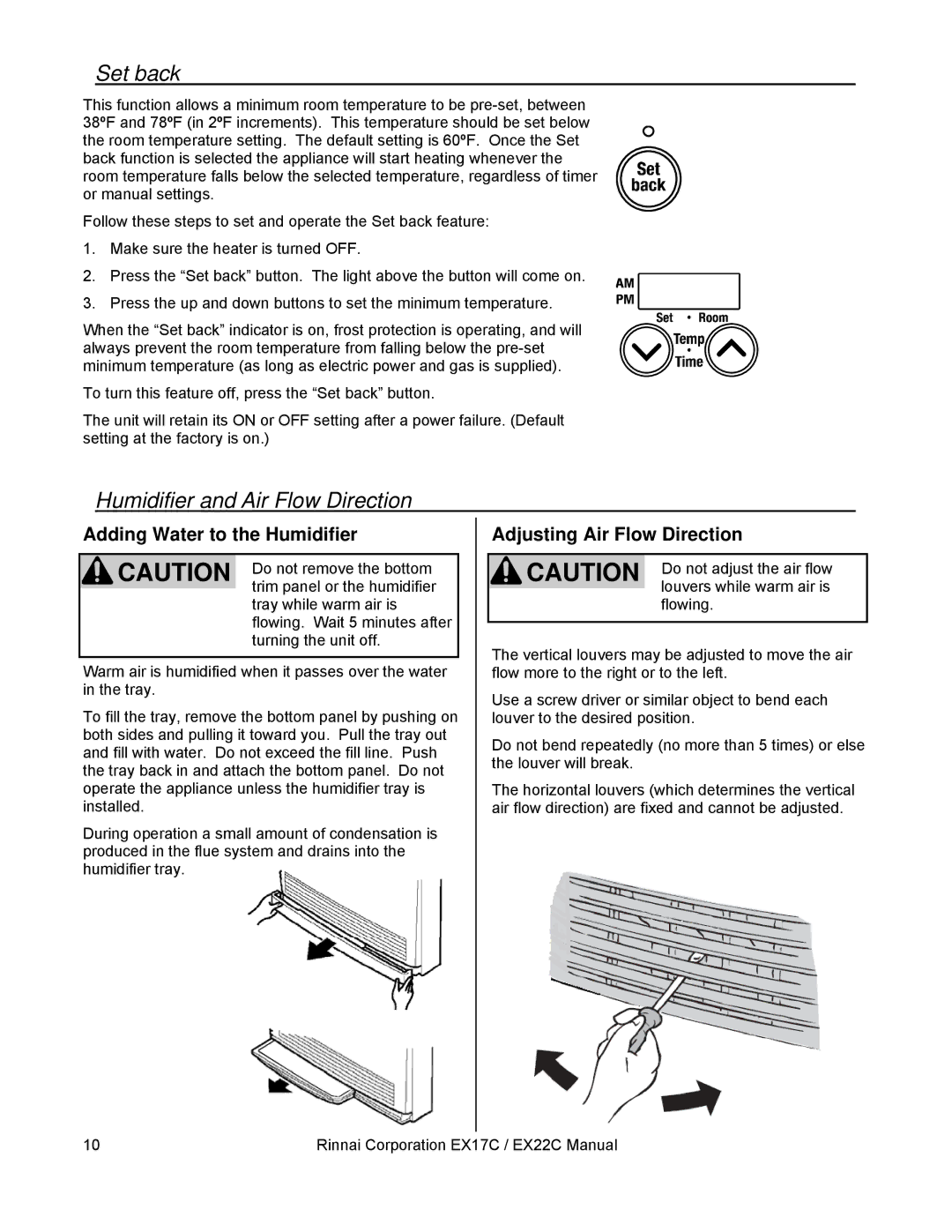 Rinnai EX22C (RHFE-559FTA) installation manual Set back, Humidifier and Air Flow Direction, Adding Water to the Humidifier 