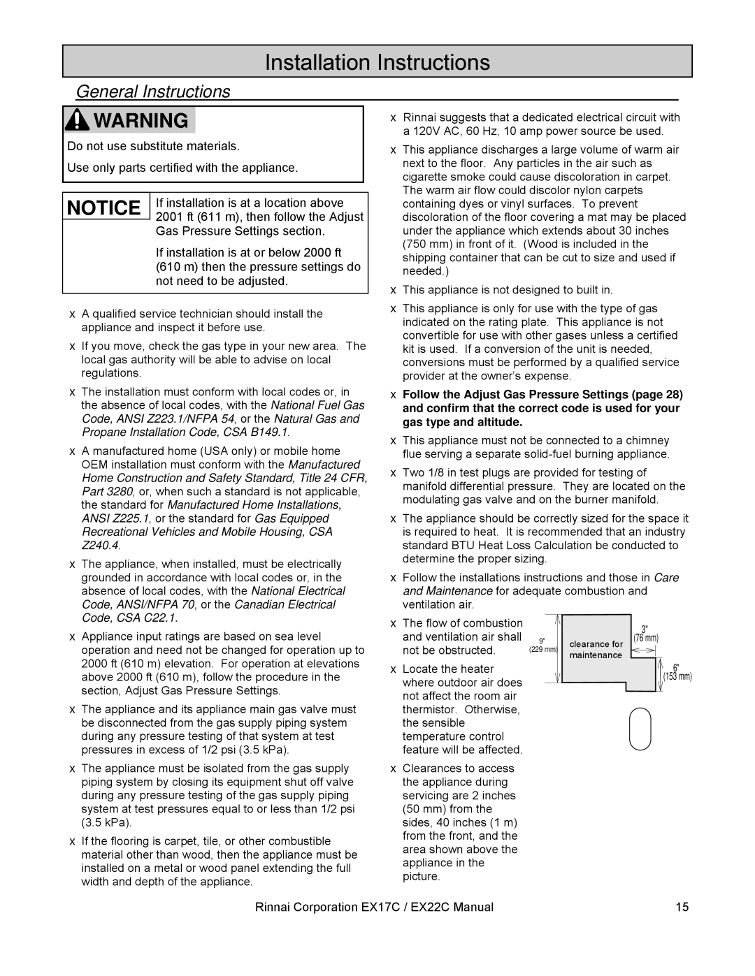 Rinnai EX17C (RHFE-434FTA), EX22C (RHFE-559FTA) installation manual Installation Instructions, General Instructions 