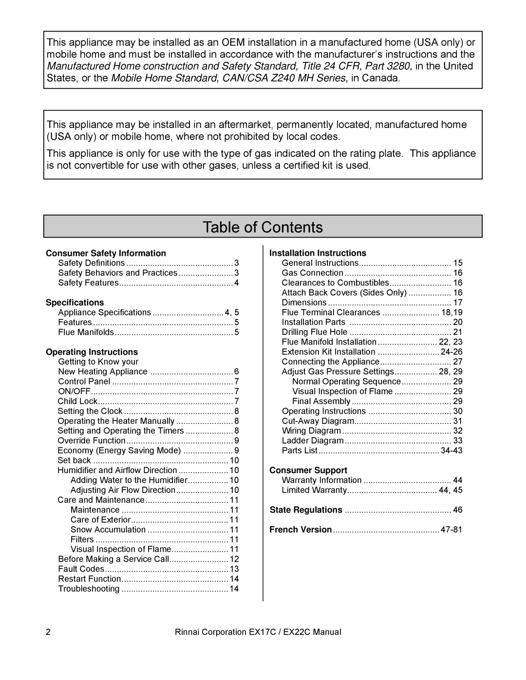 Rinnai EX22C (RHFE-559FTA), EX17C (RHFE-434FTA) installation manual Table of Contents 