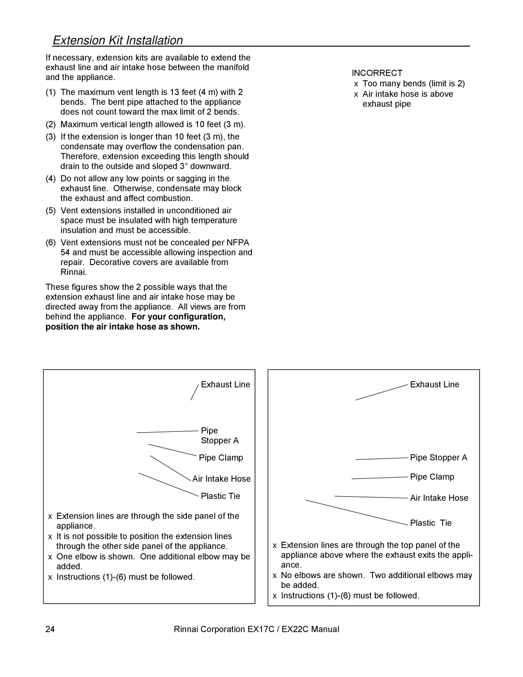 Rinnai EX22C (RHFE-559FTA), EX17C (RHFE-434FTA) installation manual Extension Kit Installation, Incorrect 