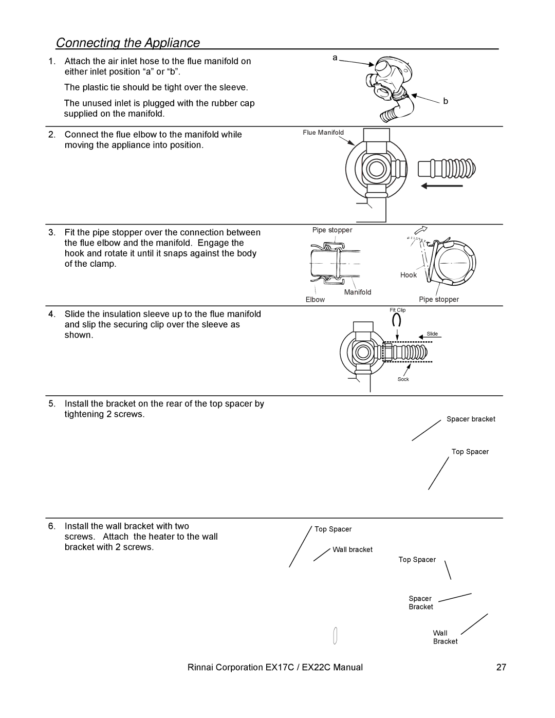 Rinnai EX17C (RHFE-434FTA), EX22C (RHFE-559FTA) Connecting the Appliance, Slip the securing clip over the sleeve as Shown 