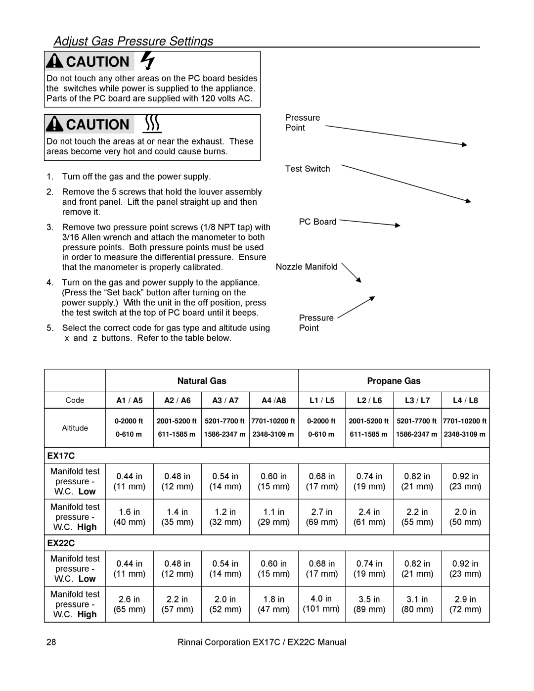 Rinnai EX22C (RHFE-559FTA), EX17C (RHFE-434FTA) installation manual Adjust Gas Pressure Settings, Altitude 