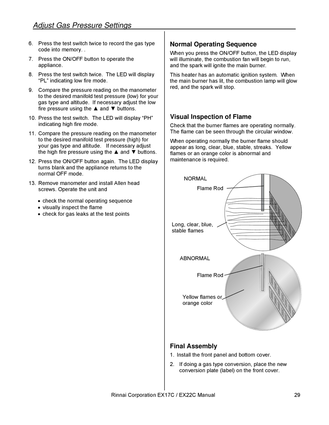 Rinnai EX17C (RHFE-434FTA), EX22C (RHFE-559FTA) installation manual Normal Operating Sequence, Final Assembly 