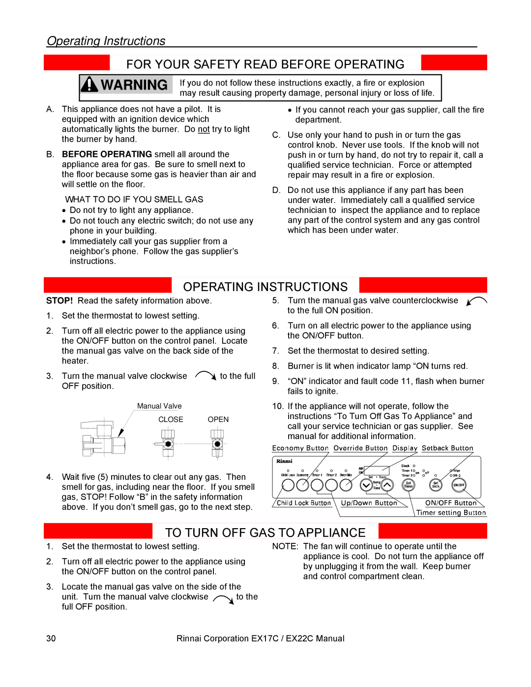 Rinnai EX22C (RHFE-559FTA) Operating Instructions, Turn the manual valve clockwise To the full OFF position 