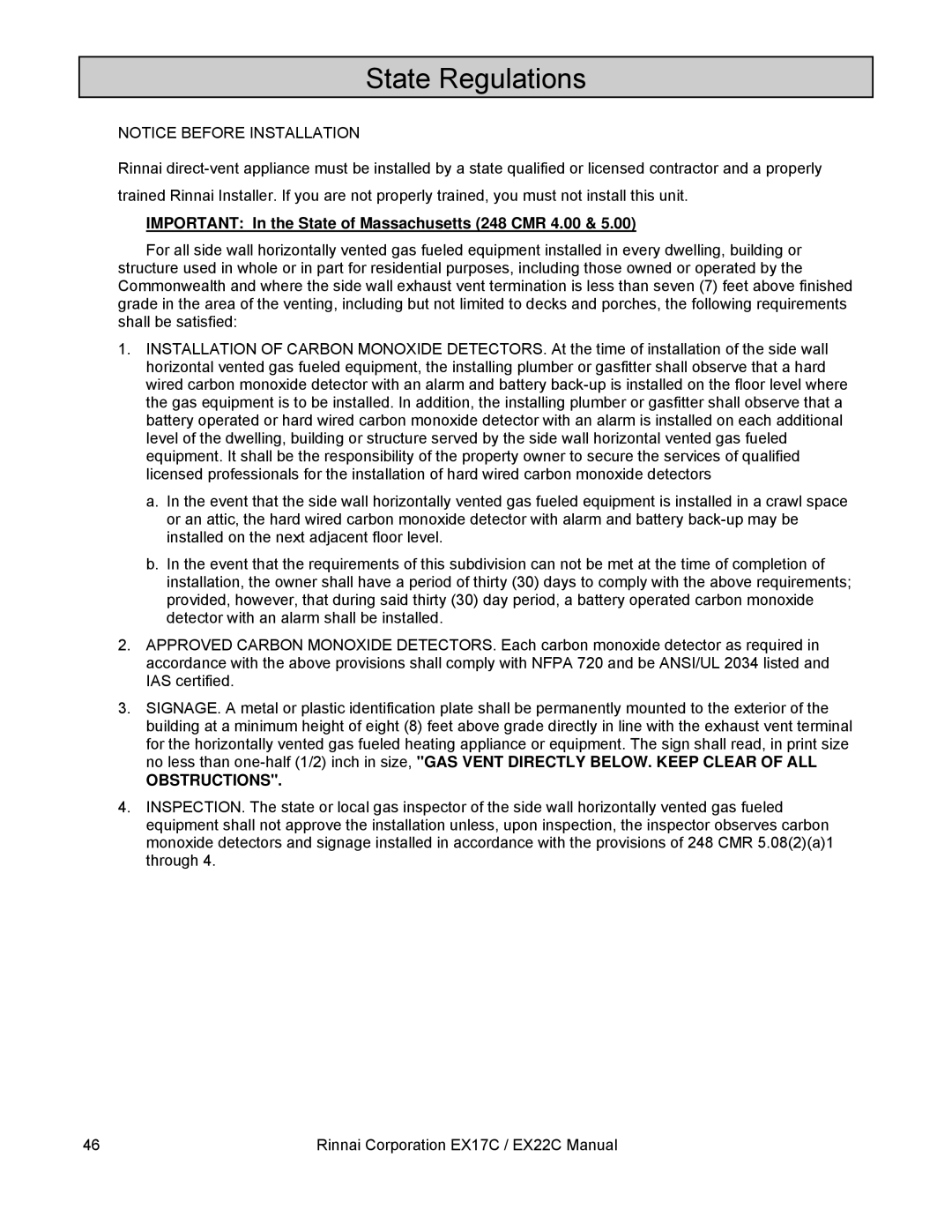 Rinnai EX22C (RHFE-559FTA), EX17C (RHFE-434FTA) State Regulations, Important In the State of Massachusetts 248 CMR 4.00 