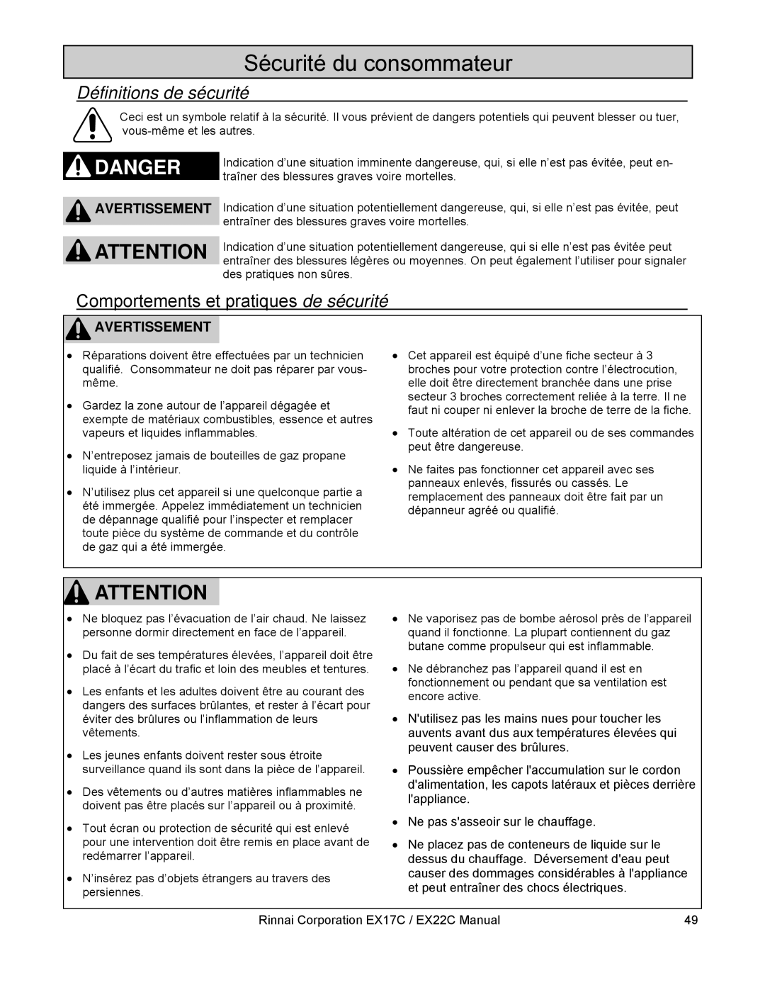 Rinnai EX17C (RHFE-434FTA), EX22C (RHFE-559FTA) installation manual Sécurité du consommateur, Définitions de sécurité 