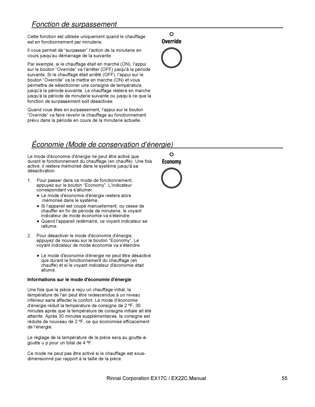 Rinnai EX17C (RHFE-434FTA), EX22C (RHFE-559FTA) Fonction de surpassement, Économie Mode de conservation d’énergie 