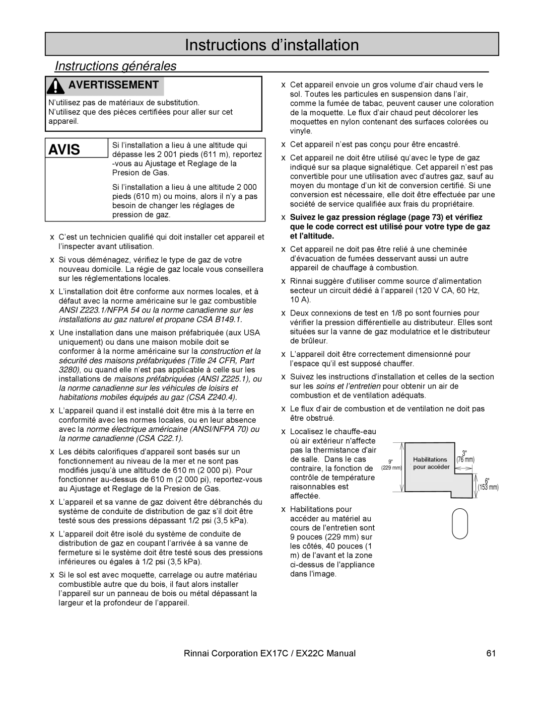 Rinnai EX17C (RHFE-434FTA), EX22C (RHFE-559FTA) installation manual Instructions d’installation, Instructions générales 