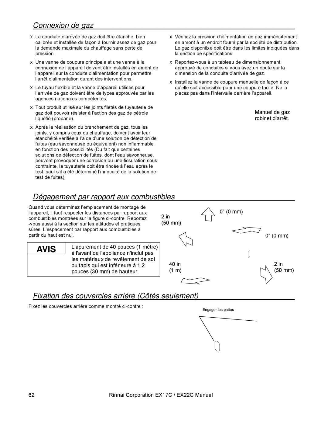 Rinnai EX22C (RHFE-559FTA), EX17C (RHFE-434FTA) Connexion de gaz, Dégagement par rapport aux combustibles 