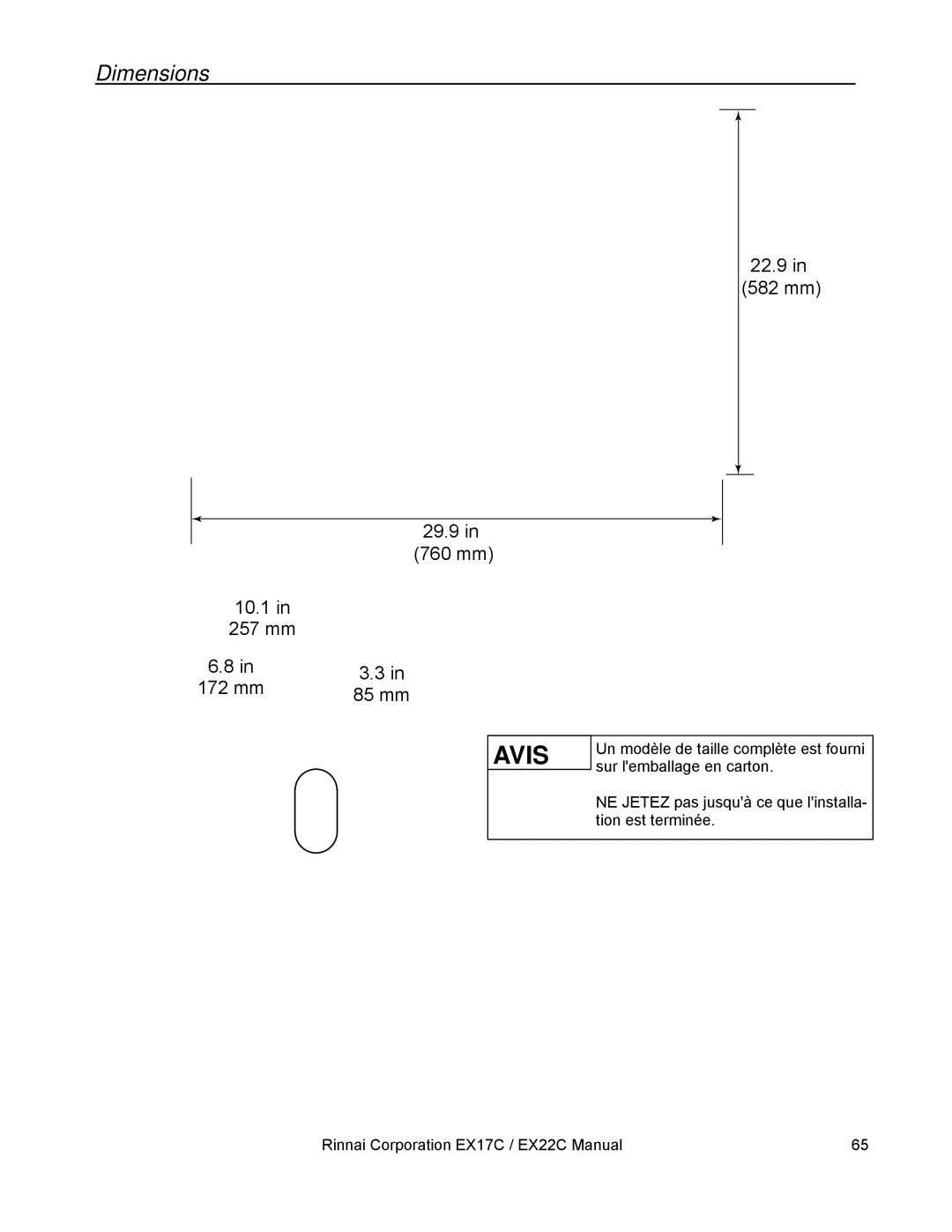 Rinnai EX17C (RHFE-434FTA), EX22C (RHFE-559FTA) installation manual Dimensions 