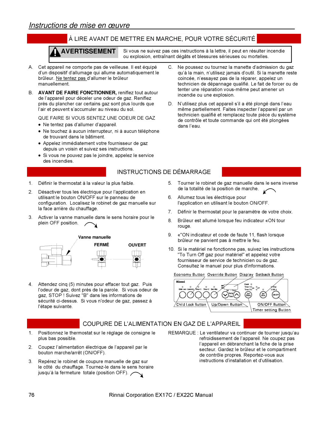 Rinnai EX22C (RHFE-559FTA) Instructions de mise en œuvre, Lire Avant DE Mettre EN MARCHE, Pour Votre Sécurité 