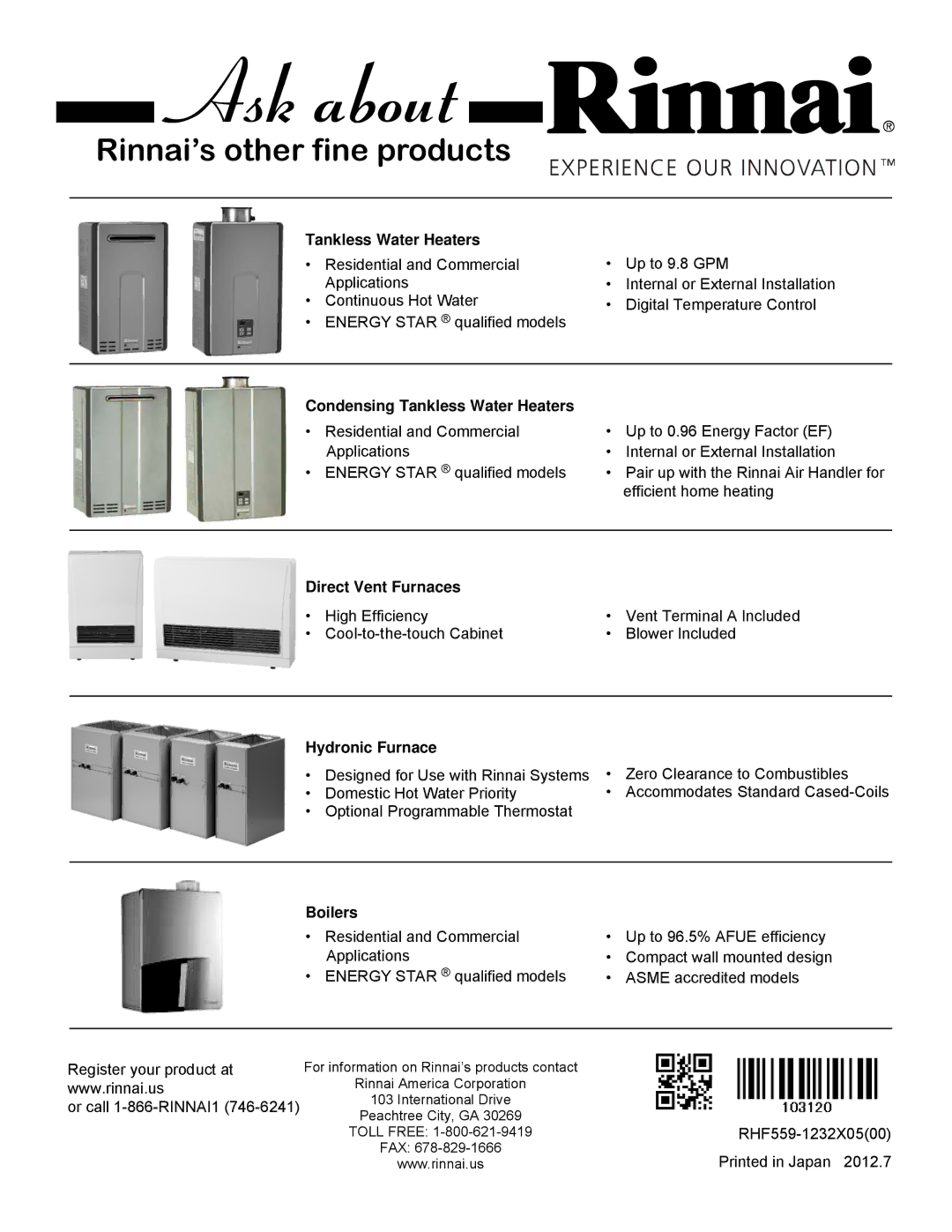 Rinnai EX22C (RHFE-559FTA), EX17C (RHFE-434FTA) installation manual Rinnai’s other fine products 